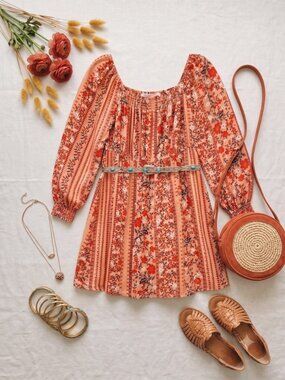 Peach Floral Long-Sleeve Boho Dress